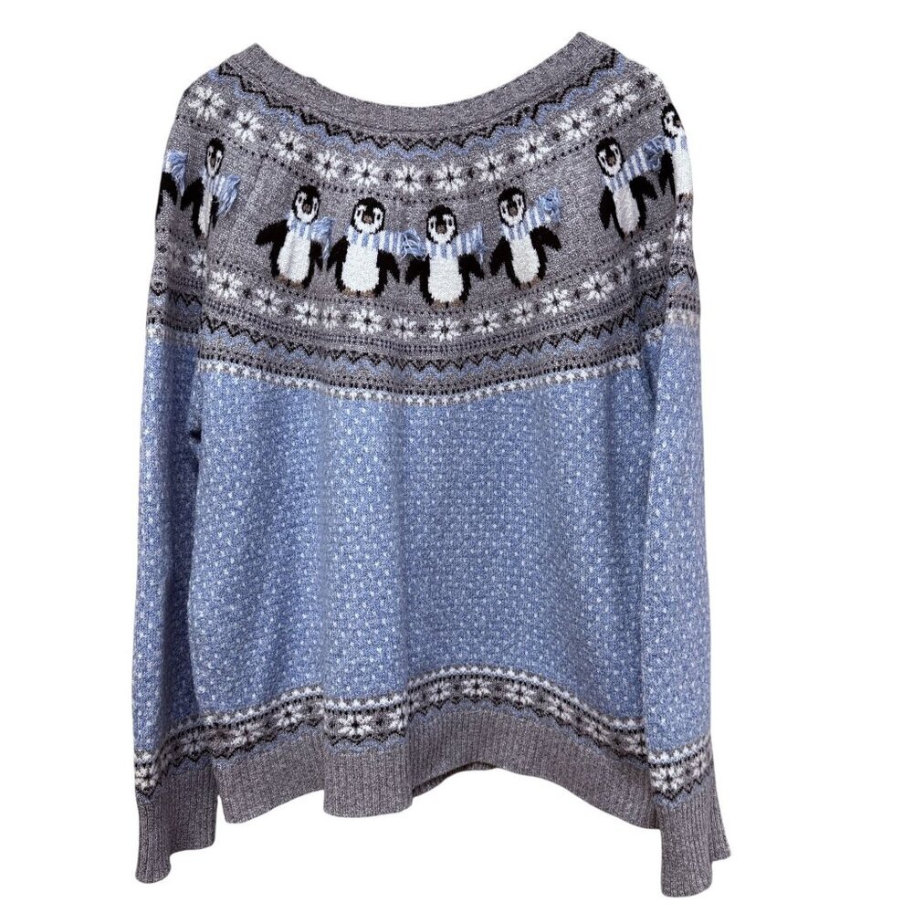 HOLIDAY TIME Penguins Fair Isle Christmas Sweater Womens XXL Blue Gray - Picture 5 of 7